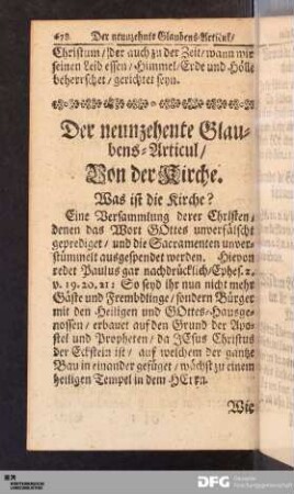 Der neunzehente Glaubens-Articul / Von der Kirche.