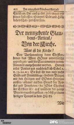 Der neunzehente Glaubens-Articul / Von der Kirche.