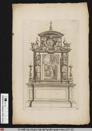 Entwurf für einen Altar nach der Architektur mit einem Bildnis des Christus in einer Kartusche, Putti, Rauchgefäßen, Feston, Engeln und Kerzen, welche sich um die Darstellung der Kreuztragung gruppieren.