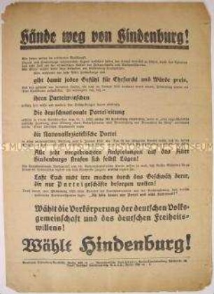 Programmatischer Wahlaufruf der Vereinigten Hindenburg-Ausschüsse zur Verteidigung von Paul von Hindenburg gegen rechtsradikale Wahlpropaganda anlässlich der Reichspräsidentenwahl 1932