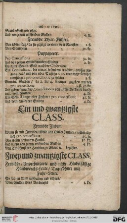 Zwey und zwantzigste Class: Frembde/Unverburgerte und nicht Hindersässige Handwercks-Leute/Tag-Löhner und Fuhr-Leute