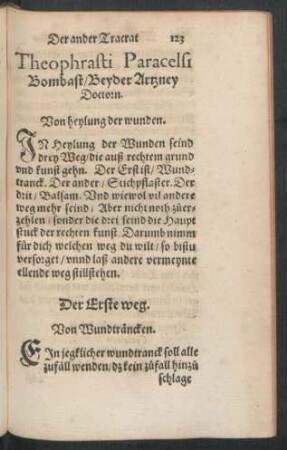Der ander Tracrat Theophrasti Paracelsi Bombast ... Von heylung der wunden.