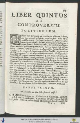 Liber Quintus De Controversiis Politicorum.