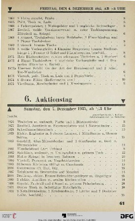 6. Auktionstag Samstag, den 7. Dezember 1935, ab ½ 3 Uhr (Nr. 1876-2250)