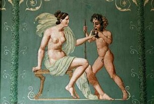 Weibliche Gestalt und Knabe mit Maske