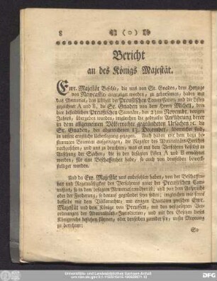 Bericht an des Königs Majestät.