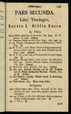 285-289, Sectio I. Biblia Sacra.