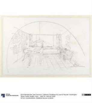 San Francisco, California. Privathaus für Leon B. Russell. Washington Street, Pacific Heigths. Skizzenblatt mit Innenraumperspektive eines Wohn-Arbeitsraumes für (Den)