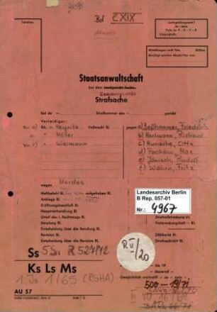 Strafverfahren gegen Friedrich Boßhammer (*20.12.1906, +17.12.1972) u.a. wegen der Beihilfe zum Mord im Rahmen der "Endlösung der Judenfrage", insbesondere aufgrund der Deportation und Ermordung von mindestens 3336 Juden aus Italien, die er als Leiter des Judenreferats IV B 4 des BdS (Befehlshaber der Sicherheitspolizei und des SD) in Verona ab 1944 als Mittäter durchführte