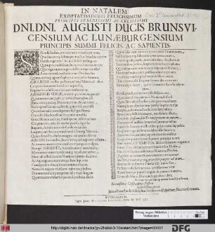 In Natalem Exoptatissimum, Felicissimum Principis Serenissimi Ac Celsissimi Dni. Dni. Augusti Ducis Brunsvicensiusm Ac Lunaeburgensium Principis Summi, Felicis, Ac Sapientis