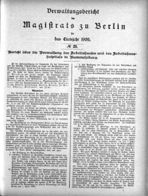No. 23. Bericht über die Verwaltung des Arbeitshauses und des Arbeitshaus -Hospitals in Rummelsburg