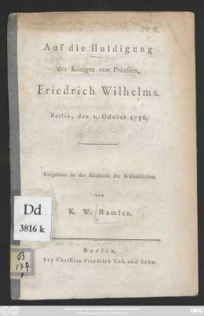 Auf die Huldigung des Königes von Preussen Friedrich Wilhelms : Berlin, den 2. October 1786