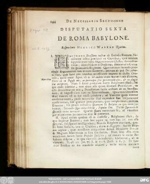 Disputatio Secta De Roma Babylone. Respondente Henrico Wasero Tigurino.