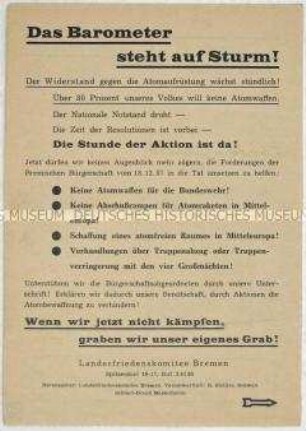 Propagandaflugblatt aus der Friedensbewegung Bremen gegen die atomare Aufrüstung, mit rückseitiger Unterschriftenliste