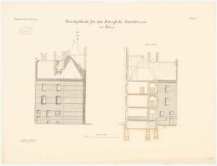Konsistorium, Posen: Aufriss Rückansicht, Querschnitt 1:100