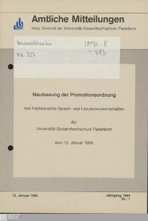Neufassung der Promotionsordnung des Fachbereichs Sprach- und Literaturwissenschaften der Universität-Gesamthochschule Paderborn : vom 12. Januar 1994