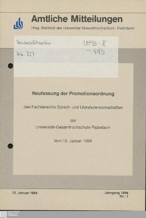 Neufassung der Promotionsordnung des Fachbereichs Sprach- und Literaturwissenschaften der Universität-Gesamthochschule Paderborn : vom 12. Januar 1994