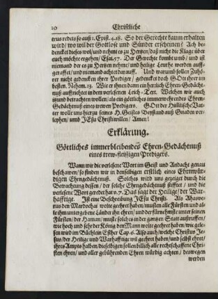 Erklärung. Göttliches immerbleibendes Ehren-Gedächtnuß eines trew-fleissigen Predigers.
