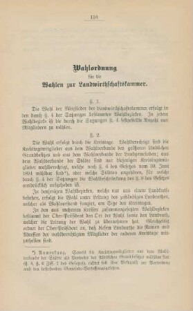Wahlordnung für die Wahlen zur Landwirthschaftskammer.