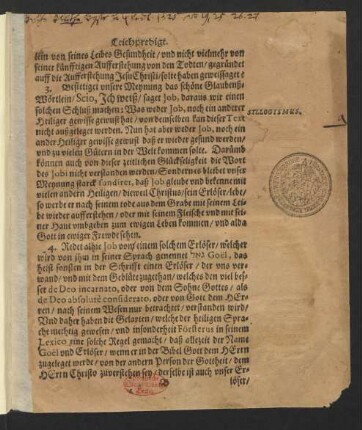 Fides Jobi : Eine Predigt/ uber den Spruch  Ich weiß daß mein Erlöser lebet/ etc. ; Bey dem Volckreichem Leichbegängnüß Des weilandt Ehrnvesten/ Vor-Achtbaren und Wolweisen Herren Botho Blüthens/ der alten Stadt Quedlinburg gewesenen Bürgemeisters/ und vornemen Advocati, Welcher den 20. Maii, zu Mittage/ kurtz nach 12. Uhr/ dieses jetzt lauffenden Jahrs 1625. selig in Gott verschieden/ und den 24. desselben in der Kirchen S. Benedicti beygesetzet worden/ Gethan