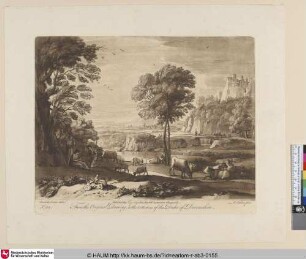 [Landschaft mit Fluss, Herden und drei Hirten]