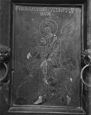 Tür des Hauptportals, linke Seite, Detail: Jakob ringt mit dem Engel (Reihe 4, Tafel 2)