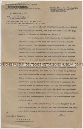 Schreiben der preußischen Reichswehr-Befehlsstelle an die Mutter eines deutschen Offiziers in sowjetischer Kriegsgefangenschaft über die Rückführung der deutschen Gefangenen