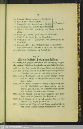 Kap. VIII. Chronologische Zusammenstellung der wichtigsten hiesigen Ereignisse mit Einschluß einiger allgemein merkwürdigen Begebenheiten vom Jahre 1558 an