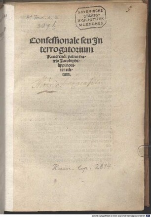Confessionale : mit Widmungsbrief des Autors an Johannes Maria Dominici