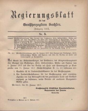 Nr. 19: Ministerialverordnung vom 31. Januar 1917 über Saatgut von Buchweizen, Hirse, Hülsenfrüchten, Wicken und Lupinen