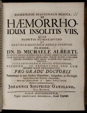 Dissertatio Inauguralis Medica, De Hæmorrhoidum Insolitis Viis