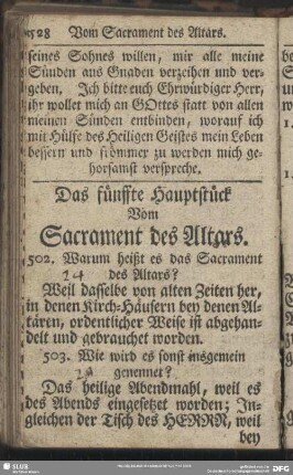 Das fünffte Hauptstück Vom Sacrament des Altars