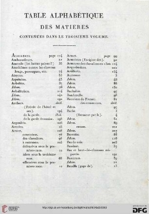 Table alphabétique des matières contenues dans le troisième volume