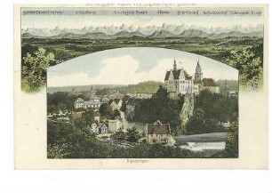 Schloss und Stadt Sigmaringen (Ansicht vom Mühlberg), darüber Alpenpanorama (Text: "Die Allgäuer Alpen von Sigmaringen gesehen)