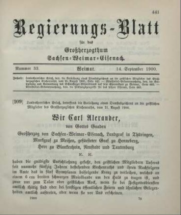 109. Landesherrlicher Erlaß, betreffend die Verleihung eines Dienstabzeichens an die geistlichen Mitglieder des Großherzoglichen Kirchenraths
