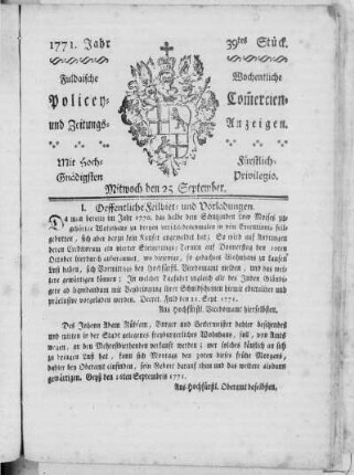39tes Stück, Ausgabe vom 25. September 1771