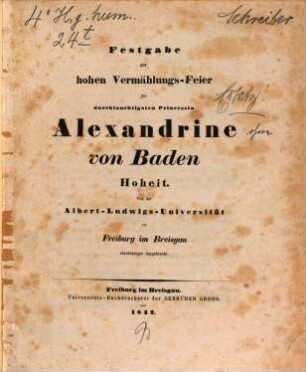 Die Feen in Europa : eine historisch-archäologische Monographie ; [Festgabe zur hohen Vermählungs-Feier der durchlauchtigsten Princessin Alexandrine von Baden Hoheit ; von der Albert-Ludwigs-Universität zu Freiburg im Breisgau ehrerbietigst dargebracht]