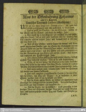 Aus der Offenbahrung Johannis am XX. Capitel. Teutscher Text nach Lutheri Ubersetzung