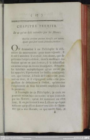 Chapitre Premier. De ce qu'on doit entendre par les Moeurs