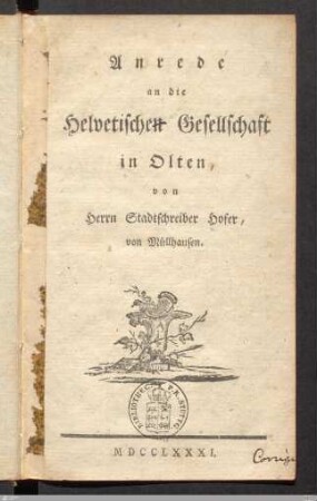 Anrede an die Helvetischen Gesellschaft in Olten