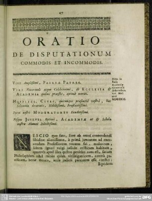 Oratio De Disputationum Commodis Et Incommodis