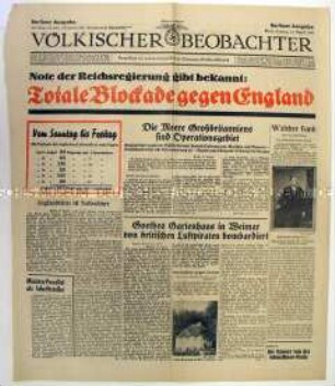 Titelblatt der Tageszeitung "Völkischer Beobachter" zum Seekrieg gegen Großbritannien
