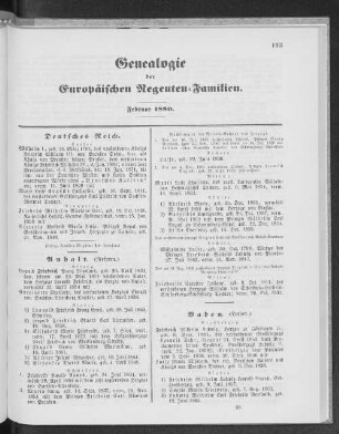 Genealogie der Europäischen Regenten-Familien. Februar 1880.