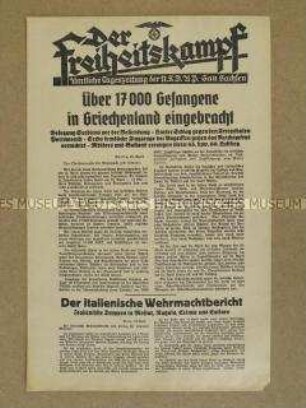 Nachrichtenblatt der Tageszeitung der NSDAP Sachsen "Der Freiheitskampf" über die Kapitulation Serbiens