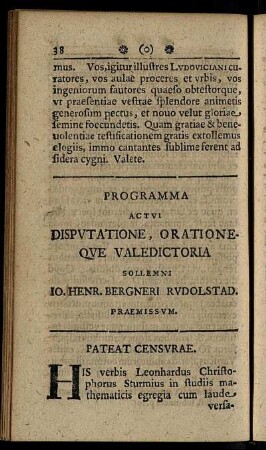 Programme Actui Disputatione, Orationeque Valedictoria ...