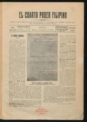 El cuarto poder filipino : publicacion dedicada exclusivamente a celebrar el primer centenario del periodismo en estas islas ; año 1811 - 1911