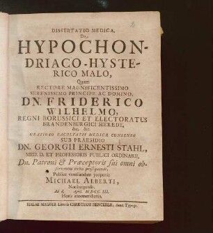 Dissertatio Medica, De Hypochondriaco-Hysterico Malo