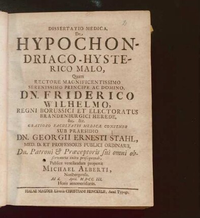 Dissertatio Medica, De Hypochondriaco-Hysterico Malo