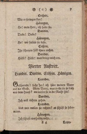 Vierter Auftritt. Leander. Dandin. Crispin. Hänsgen.