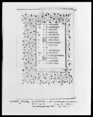Fragment eines Stundenbuches — Kalenderseite mit Bordüre, Folio 1verso